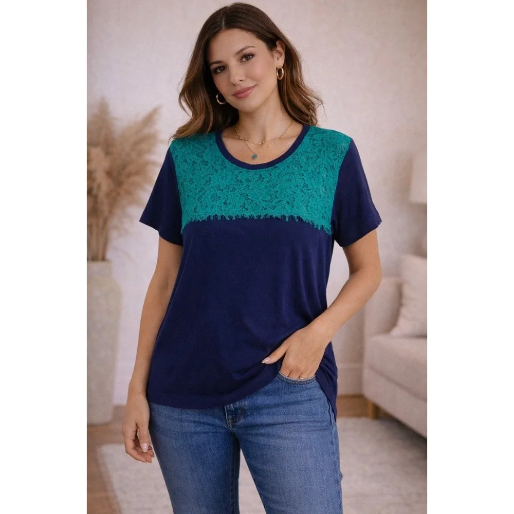 J. Crew Womens Navy Blue Teal Green Lace Overlay Short Sleeve Top Size M